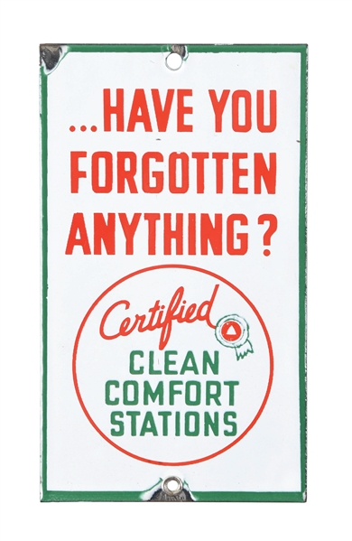 ASSOCIATED CERTIFIED CLEAN COMFORT STATIONS PORCELAIN REST ROOM SIGN. 