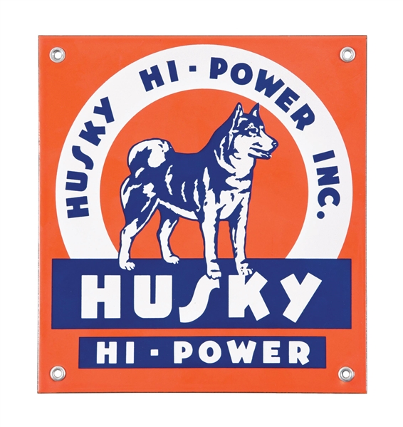 RARE HUSKY HI-POWER "MINI" PORCELAIN PUMP PLATE W/ HUSKY DOG GRAPHIC. 