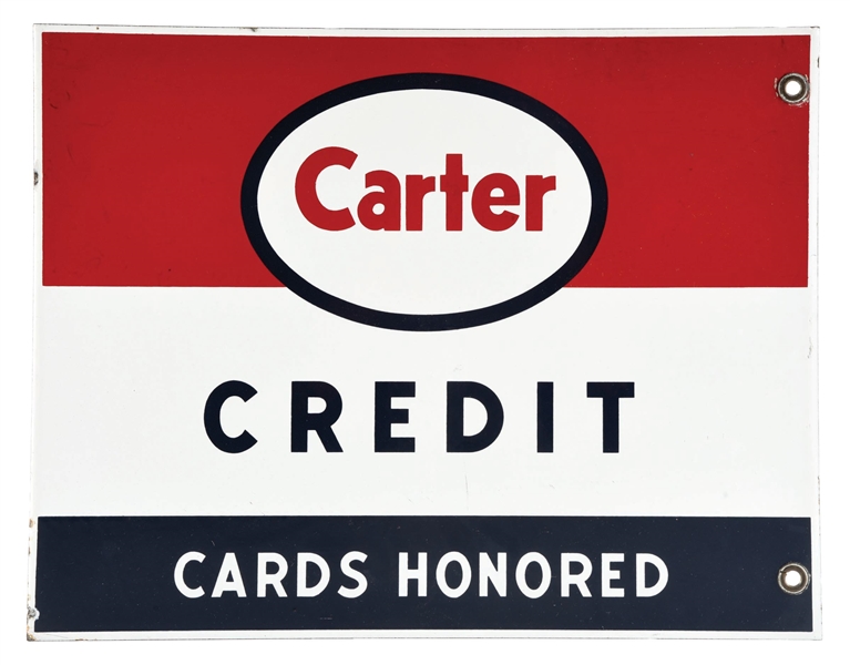 CARTER CREDIT CARDS HONORED PORCELAIN SIGN.