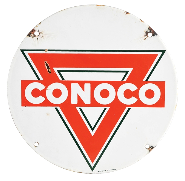 CONOCO GASOLINE PORCELAIN TRUCK DOOR SIGN W/ TRIANGLE GRAPHIC. 