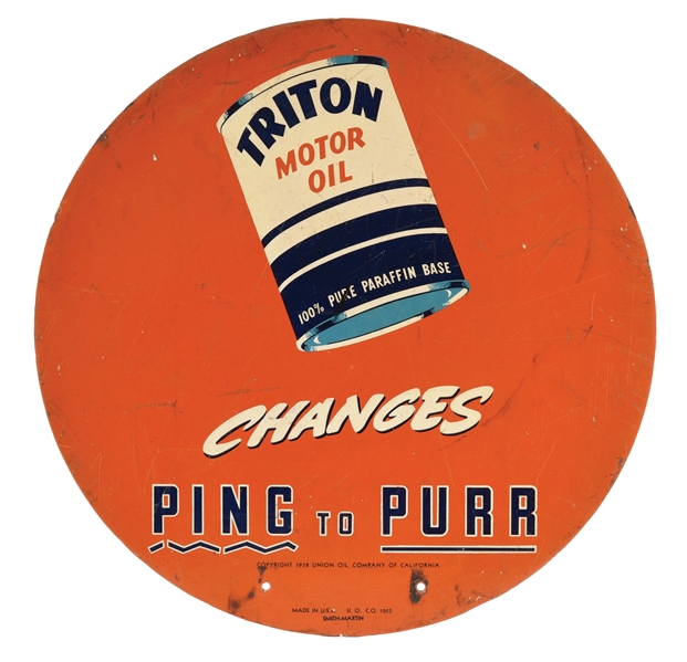 TRITON MOTOR OIL "PING TO PURR" SIGN W/ OIL CAN GRAPHIC. 