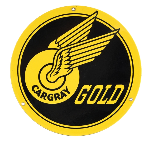 CARGARY GOLD GASOLINE PORCELAIN PUMP PLATE SIGN. 