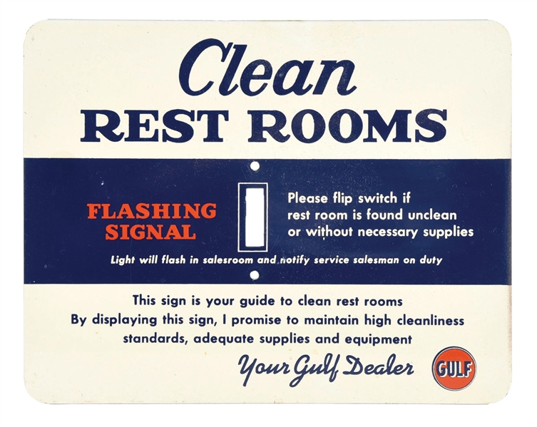 GULF CLEAN REST ROOMS FLASHING SIGNAL SWITCH TIN SIGN. 