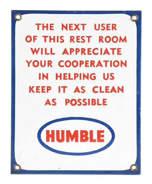 HUMBLE SERVICE STATION REST ROOMS PORCELAIN SIGN. 