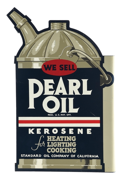 WE SELL STANDARD PEARL OIL KEROSENE TIN FLANGE SIGN. 