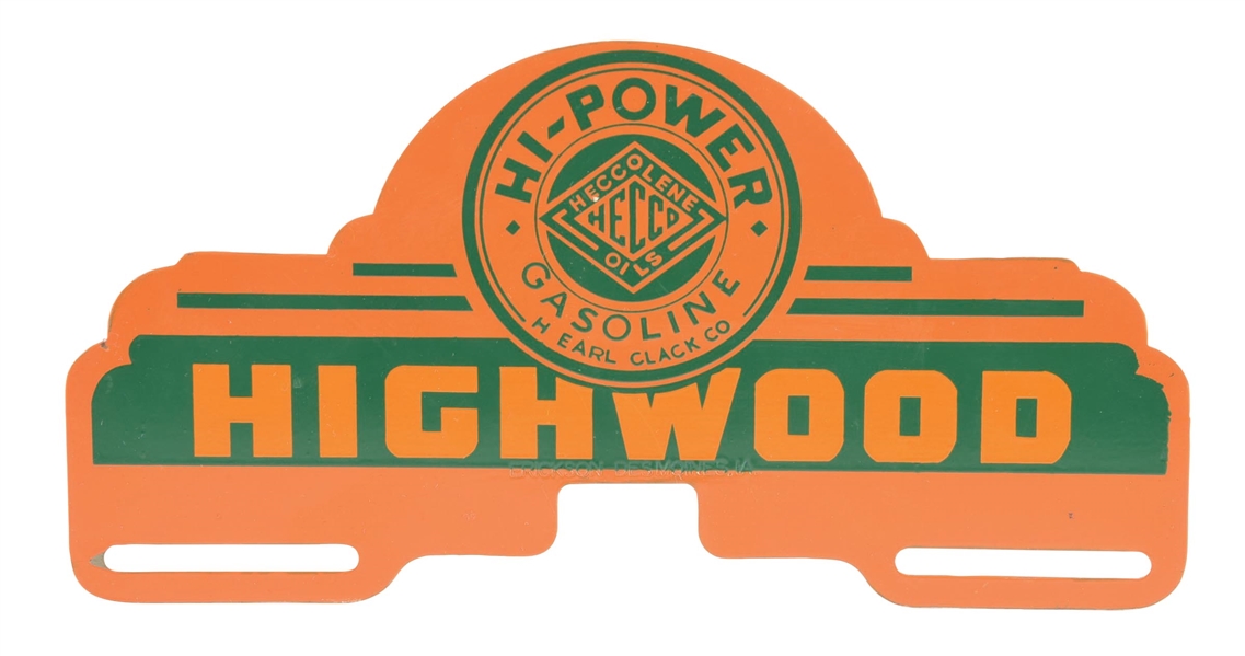 HECCOLENE HI-POWER GASOLINE TIN LICENSE PLATE TOPPER. 