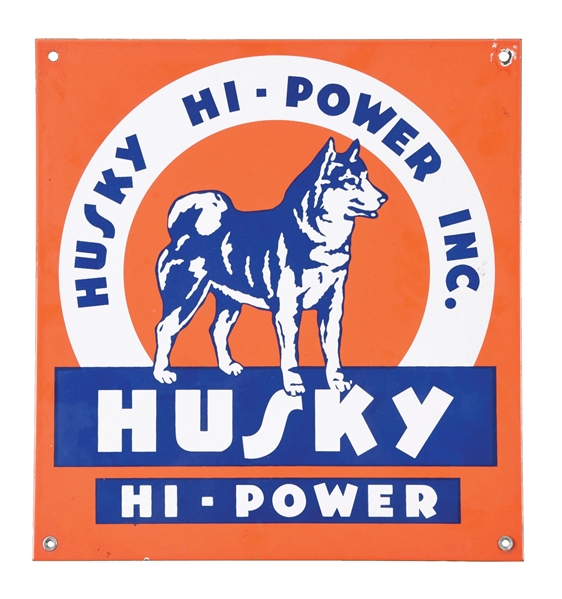 HUSKY HI-POWER GASOLINE "LARGE" PORCELAIN PUMP PLATE SIGN W/ HUSKY DOG GRAPHIC. 