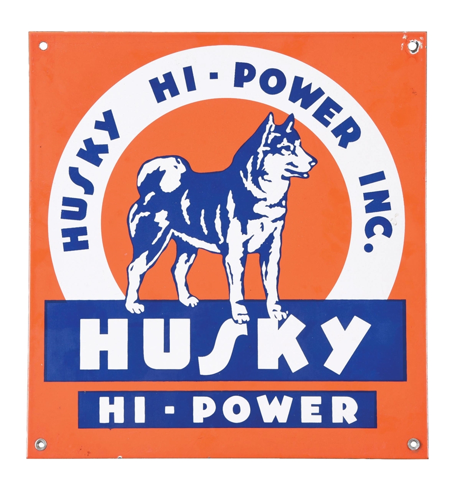 HUSKY HI-POWER GASOLINE "LARGE" PORCELAIN PUMP PLATE SIGN W/ HUSKY DOG GRAPHIC. 