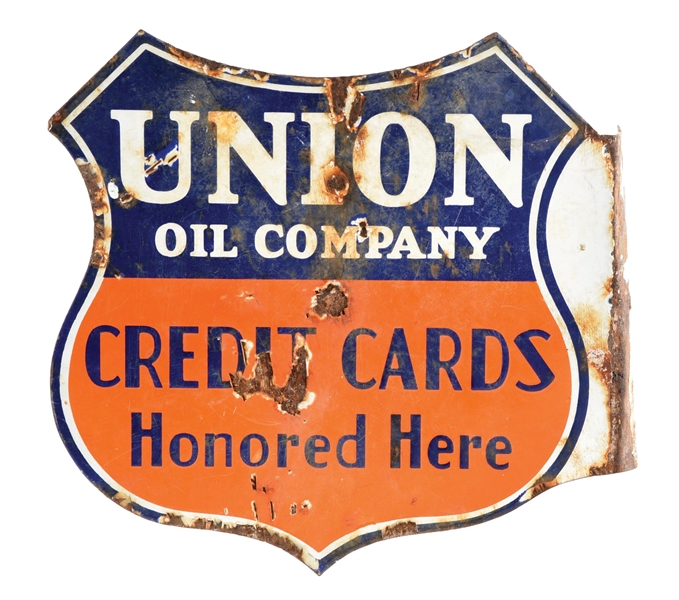 UNION OIL COMPANY "CREDIT CARDS HONORED HERE" PORCELAIN FLANGE SIGN. 