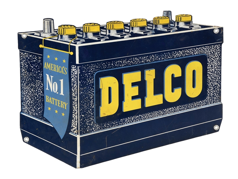 DELCO BATTERIES DIECUT TIN SIGN.