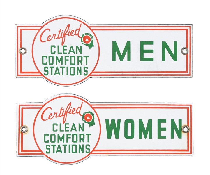 SET OF 2: ASSOCIATED CERTIFIED CLEAN COMFORT STATIONS MEN & WOMEN PORCELAIN SIGNS.  