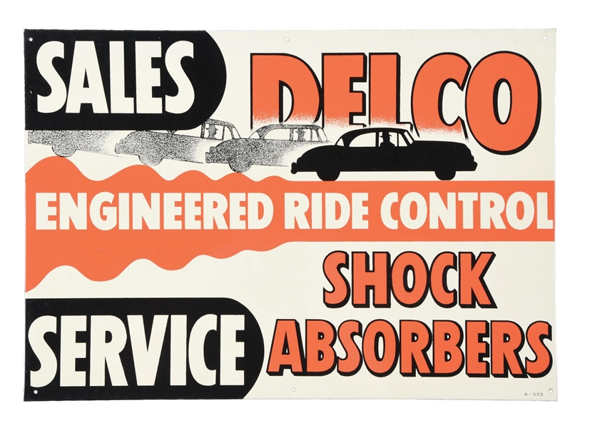 DELCO SHOCK ABSORBERS SALES & SERVICE NOS TIN SIGN W/ CAR GRAPHIC. 