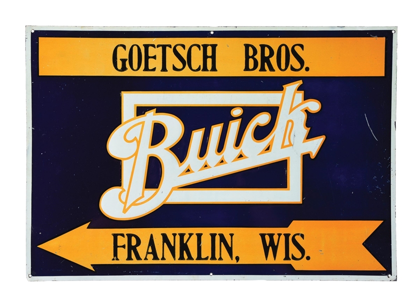 BUICK AUTOMOBILES EMBOSSED TIN TACKER DIRECTIONAL SIGN. 