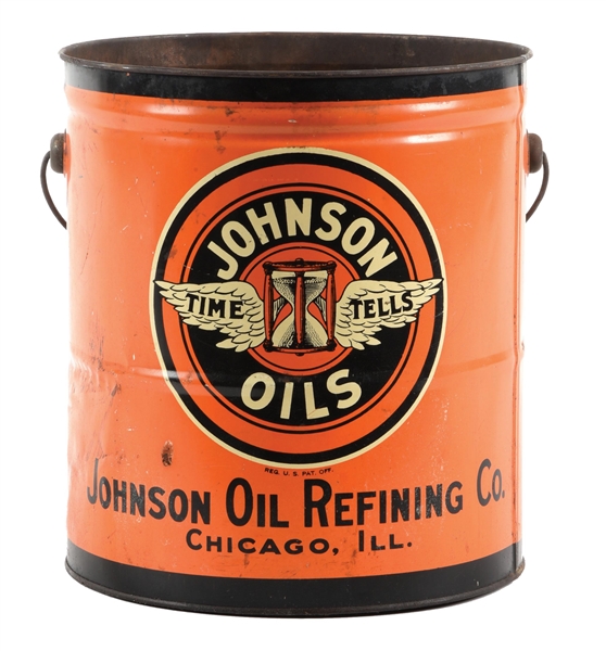 JOHNSON "TIME TELLS" OIL REFINING 25LB GREASE CAN W/ WINGED HOURGLASS GRAPHIC. 