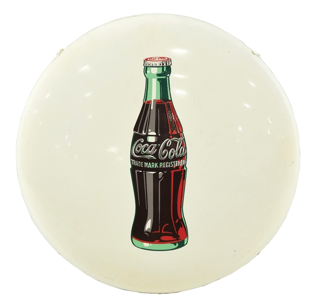 COCA-COLA WHITE BUTTON SIGN W/ BOTTLE GRAPHIC.