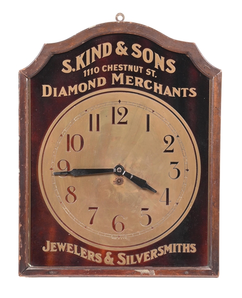 EARLY WOODEN JEWELERS CLOCK ADVERTISING S. KIND & SONS DIAMOND MERCHANTS