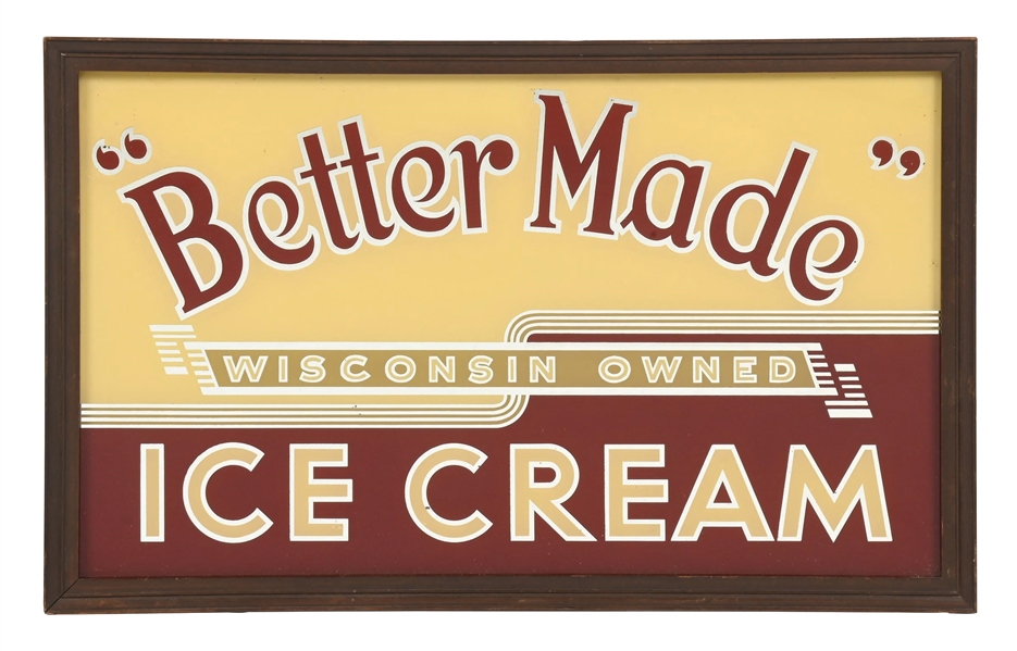 REVERSE PAINTED GLASS SIGN FOR "BETTER MADE" ICE CREAM