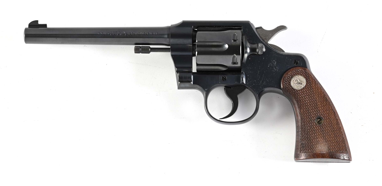 (C) BOXED PRE WAR  COLT OFFICAL POLICE DOUBLE ACTION REVOLVER IN .22 LONG RIFLE.