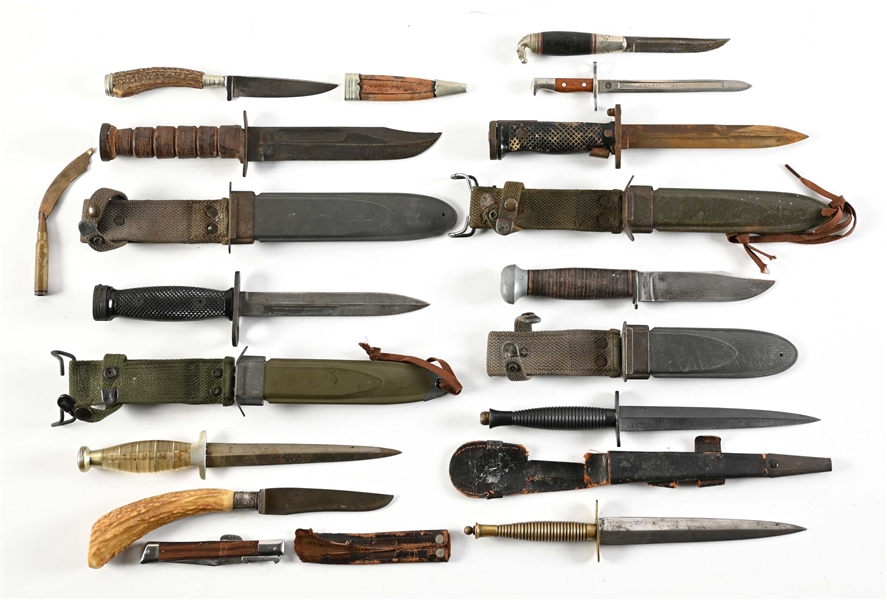 LOT OF US WWII AND BRITISH FIGHTING KNIVES.