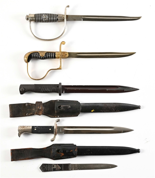 LOT OF 5: GERMAN WWII CUT DOWN SWORDS. BAYONETS. AND LETTER OPENER.