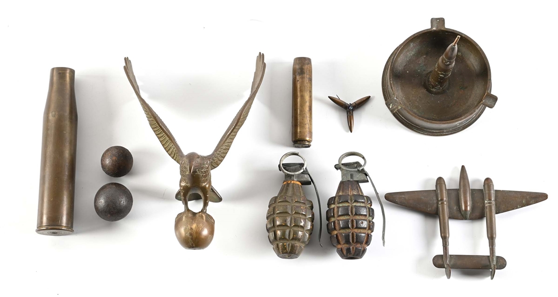 LOT OF US INERT GRENADES, CANNON BALLS, AND TRENCH ART. 