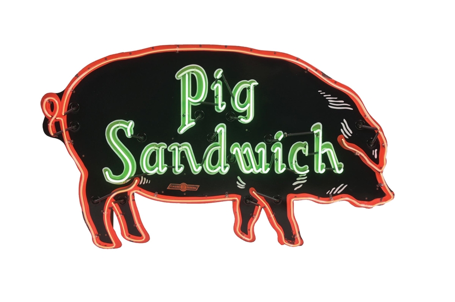 UNIQUE & OUTSTANDING PIG SANDWICH DIE-CUT PORCELAIN NEON SIGN. 