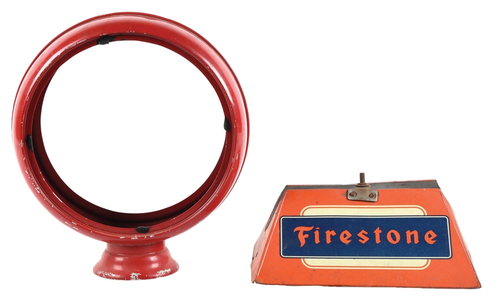 COLLECTION OF 2: FIRESTONE TIN TIRE STAND & 13.5" METAL GLOBE BODY. 