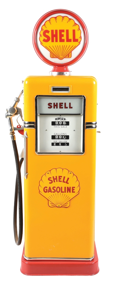 BOWSER MODEL #585 GAS PUMP RESTORED IN SHELL GASOLINE. 