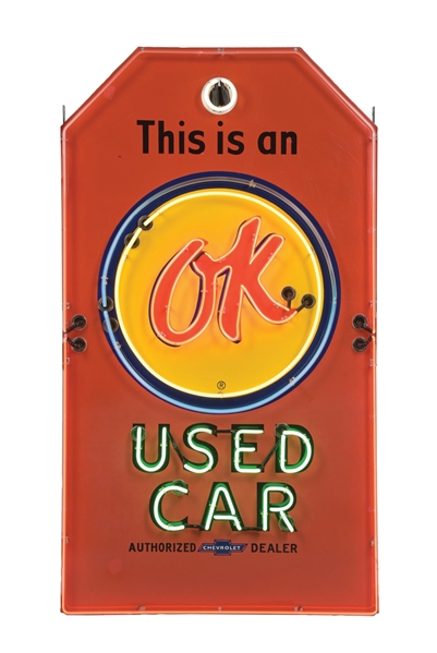 THIS IS AN OK CHEVROLET USED CAR PORCELAIN TAG SIGN W/ ADDED NEON. 