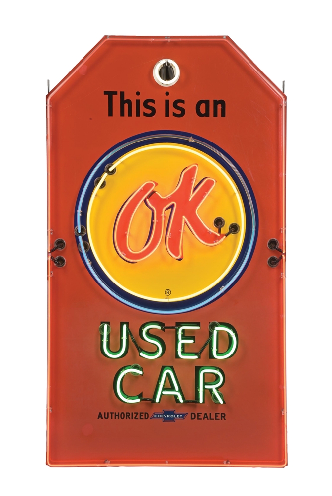 THIS IS AN OK CHEVROLET USED CAR PORCELAIN TAG SIGN W/ ADDED NEON. 