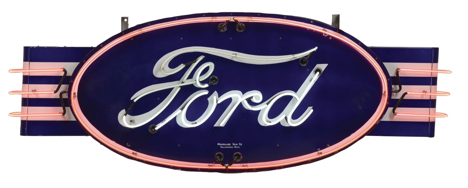 OUTSTANDING FORD AUTOMOBILES COMPLETE PORCELAIN NEON OVAL SIGN W/ WING ATTACHMENTS. 