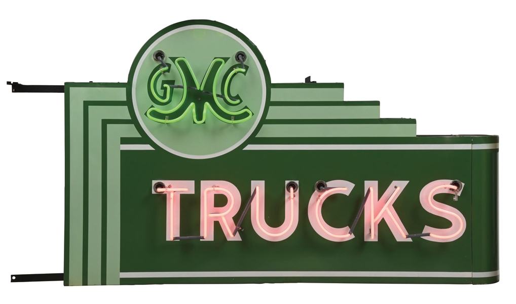 GMC TRUCKS COMPLETE PORCELAIN NEON SIGN W/ BULLNOSE ATTACHMENT.