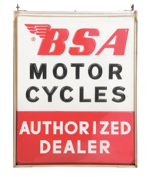 BSA MOTORCYCLES AUTHORIZED DEALER EMBOSSED PLASTIC DEALERSHIP SIGN W/ ORIGINAL METAL CAN. 