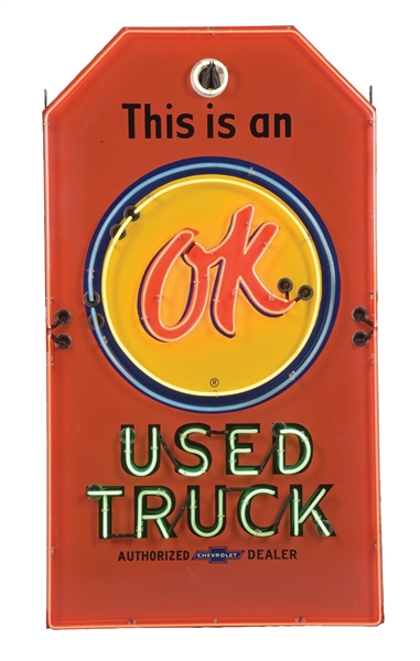 THIS IS AN OK USED TRUCK PORCELAIN TAG SIGN W/ ADDED NEON. 