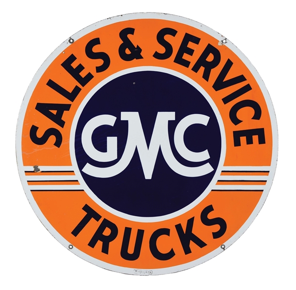 GMC TRUCKS SALES & SERVICE PORCELAIN SIGN.