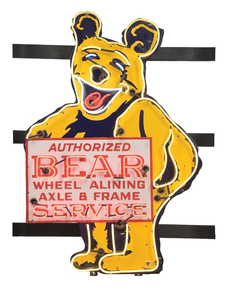 BEAR WHEEL ALINING AXLE & FRAME SERVICE PORCELAIN SIGN W/ ADDED NEON. 