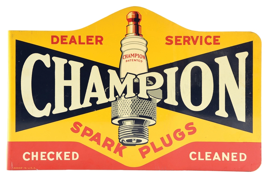 CHAMPION SPARK PLUGS TIN FLANGE SIGN W/ SPARK PLUG GRAPHIC. 