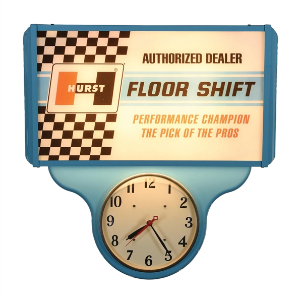 HURST AUTHORIZED DEALER LIGHT-UP ADVERTISING CLOCK.