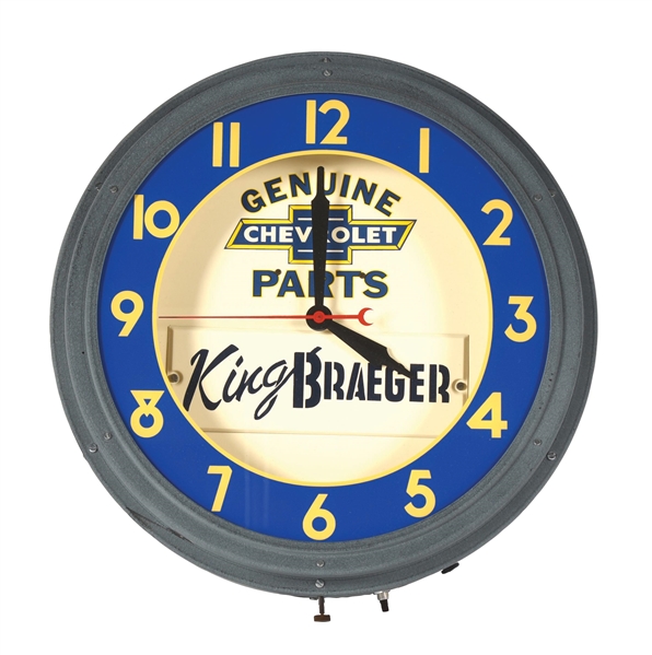 GENUINE CHEVROLET PARTS KING BRAEGER NEON CLOCK.