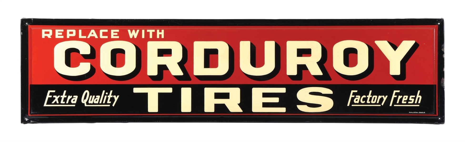 CORDUROY TIRES SIGN W/ ORIGINAL WOOD-BACKED FRAME.