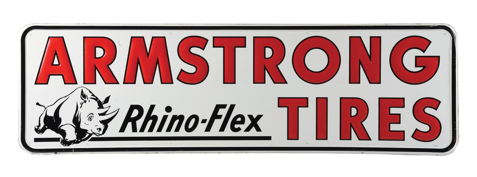 TIN ARMSTRONG TIRES SIGN W/ RHINO GRAPHIC. 