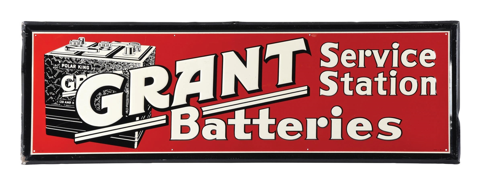 TIN GRANT BATTERIES SIGN W/ BATTERY GRAPHIC.  