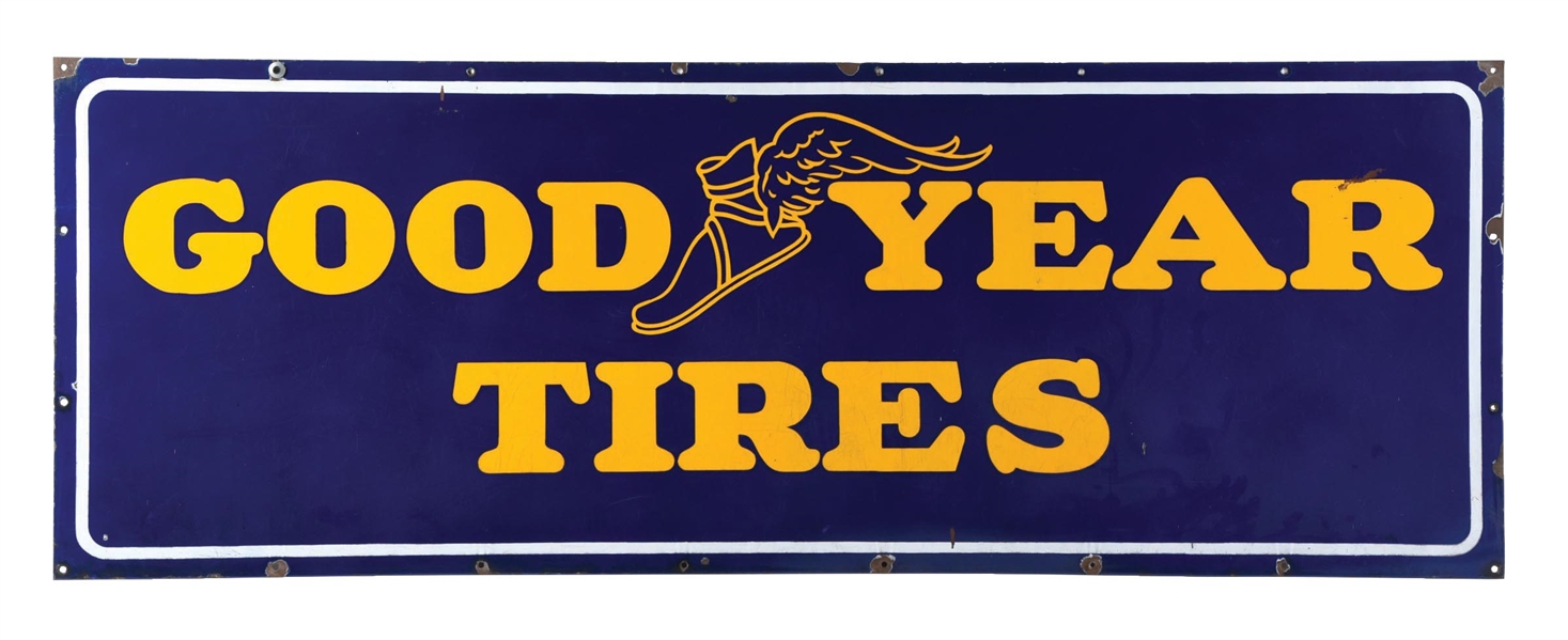 PORCELAIN GOODYEAR TIRES SIGN W/ WINGED FOOT GRAPHIC. 