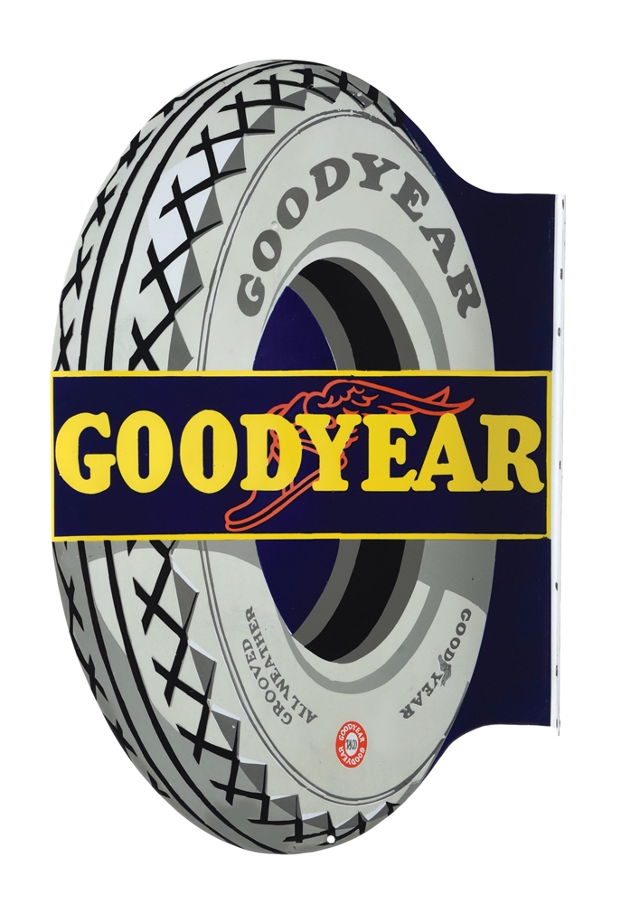 GOODYEAR TIRES PORCELAIN FLANGE SIGN W/ TIRE GRAPHIC.