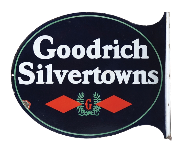 GOODRICH SILVERTOWNS TIRES PORCELAIN FLANGE SIGN.