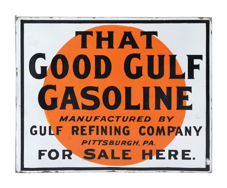 THAT GOOD GULF GASOLINE PORCELAIN FLANGE SIGN.