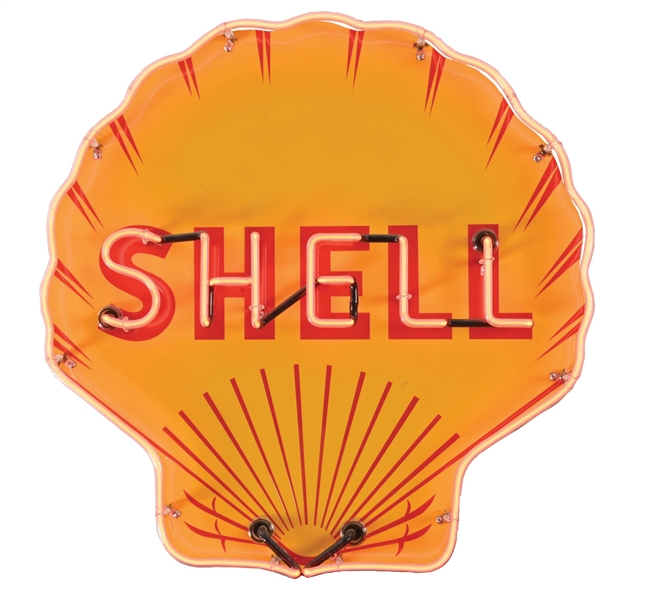 SHELL GASOLINE PORCELAIN CLAMSHELL NEON SIGN. 