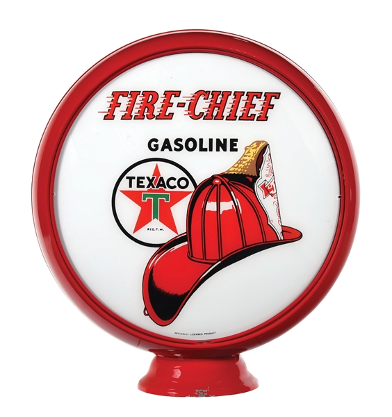 TEXACO FIRE CHIEF GASOLINE COMPLETE 13.5" REPRODUCTION GLOBE ON METAL BODY. 