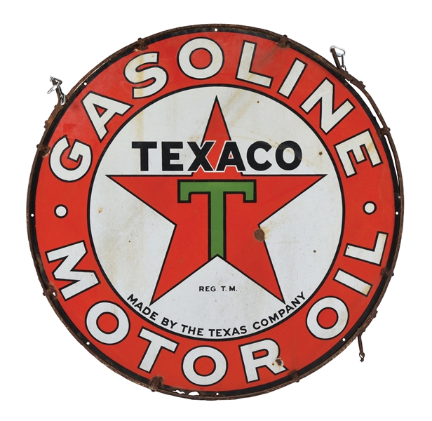 TEXACO GASOLINE & MOTOR OIL PORCELAIN SIGN W/ ORIGINAL RING. 