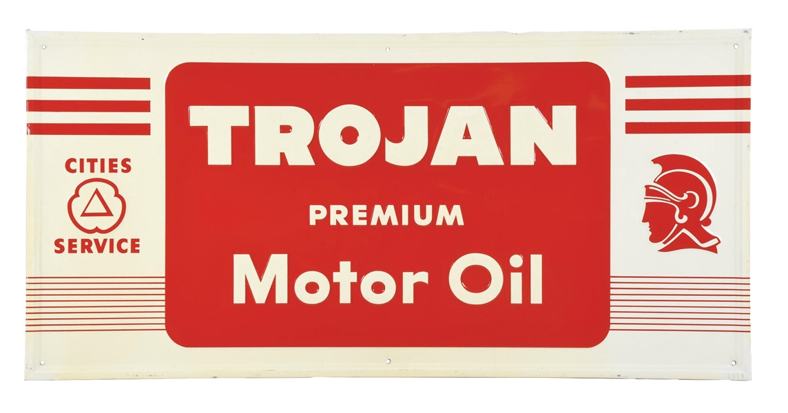 N.O.S. CITIES SERVICE TROJAN PREMIUM MOTOR OIL EMBOSSED TIN SIGN W/ ORIGINAL WOOD FRAME.